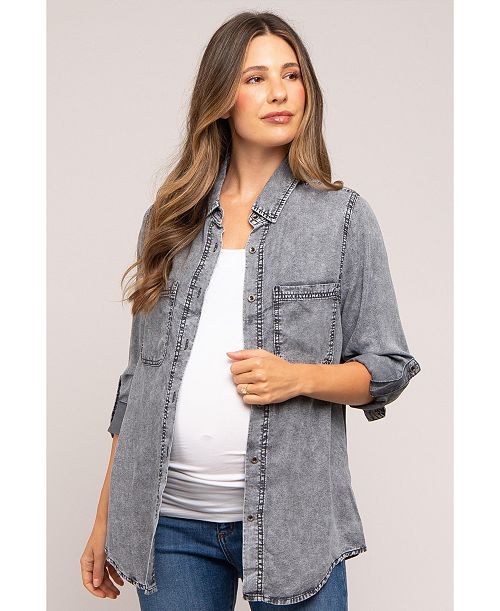 alfani Pinkblush Maternity Charcoal Chambray Rolled Cuff Shirt Women's Fashion Shoes & Accessories