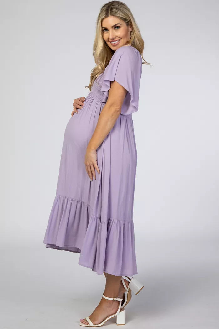 Alfani Pinkblush Maternity Lavender Smocked Ruffle Dress Women's Fashion Shoes & Accessories