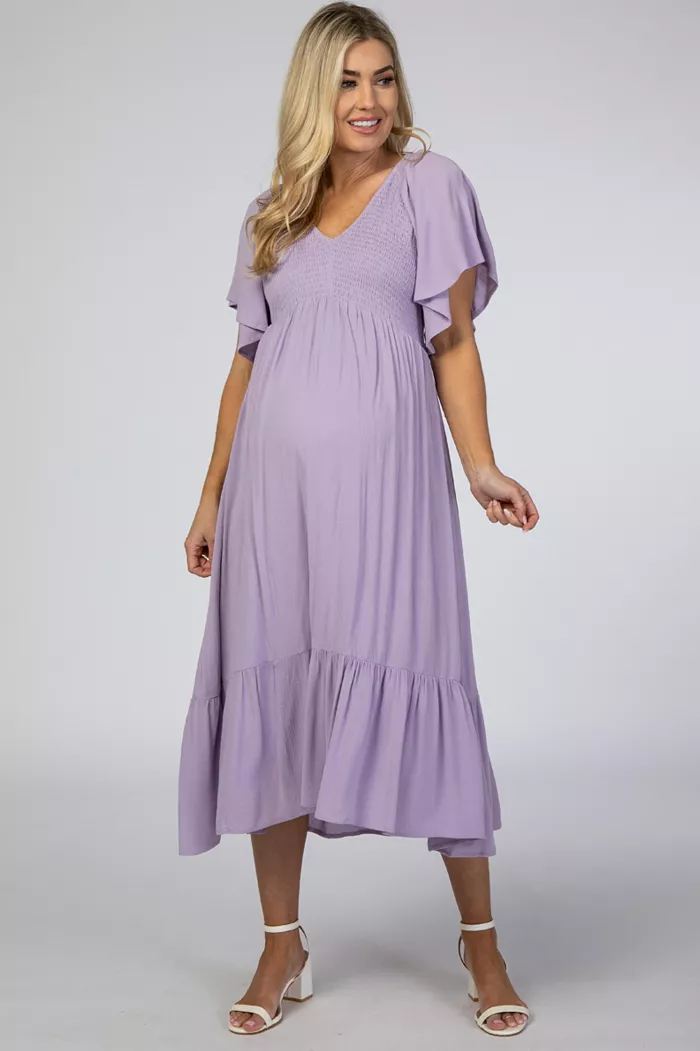 Alfani Pinkblush Maternity Lavender Smocked Ruffle Dress Women's Fashion Shoes & Accessories