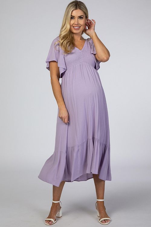 alfani Pinkblush Maternity Lavender Smocked Ruffle Dress Women's Fashion Shoes & Accessories