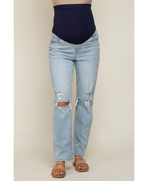 alfani Pinkblush Maternity Light Blue Distressed Knee Jeans Women's Fashion Shoes & Accessories