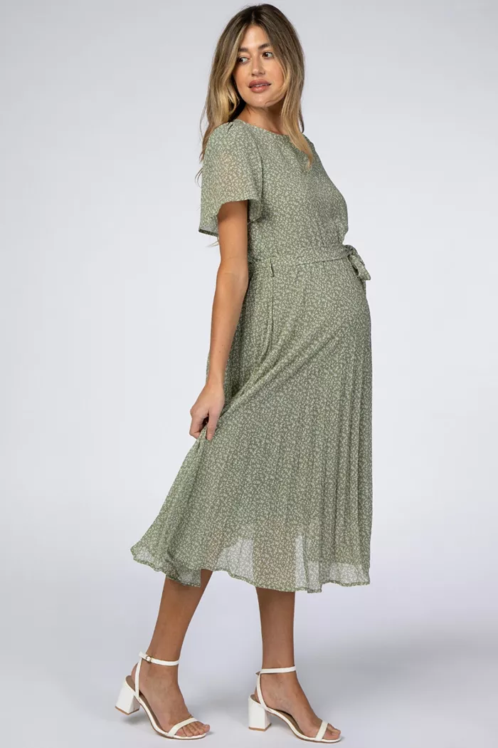 Alfani Pinkblush Maternity Light Olive Leaf Print Pleated Midi Dress Women's Fashion Shoes & Accessories