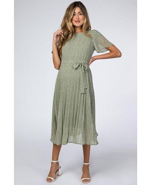 alfani Pinkblush Maternity Light Olive Leaf Print Pleated Midi Dress Women's Fashion Shoes & Accessories