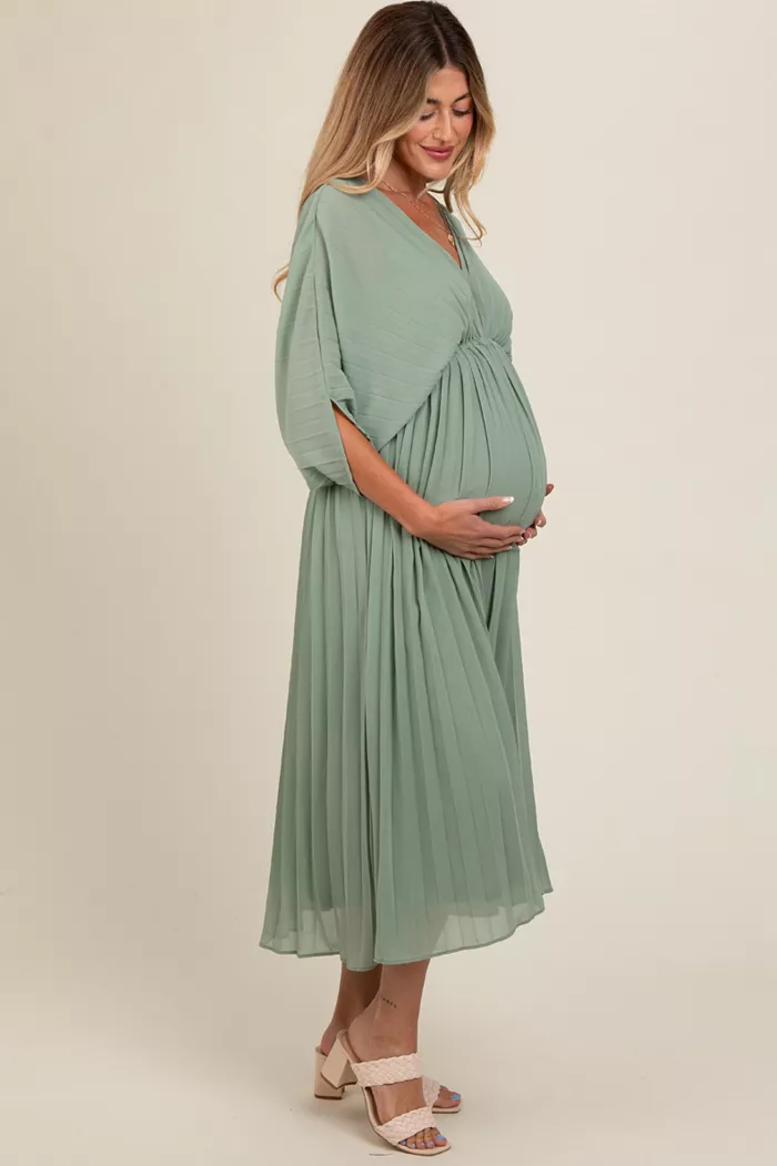 Alfani Pinkblush Maternity Light Olive Pleated V Neck Maxi Dress Women's Fashion Shoes & Accessories