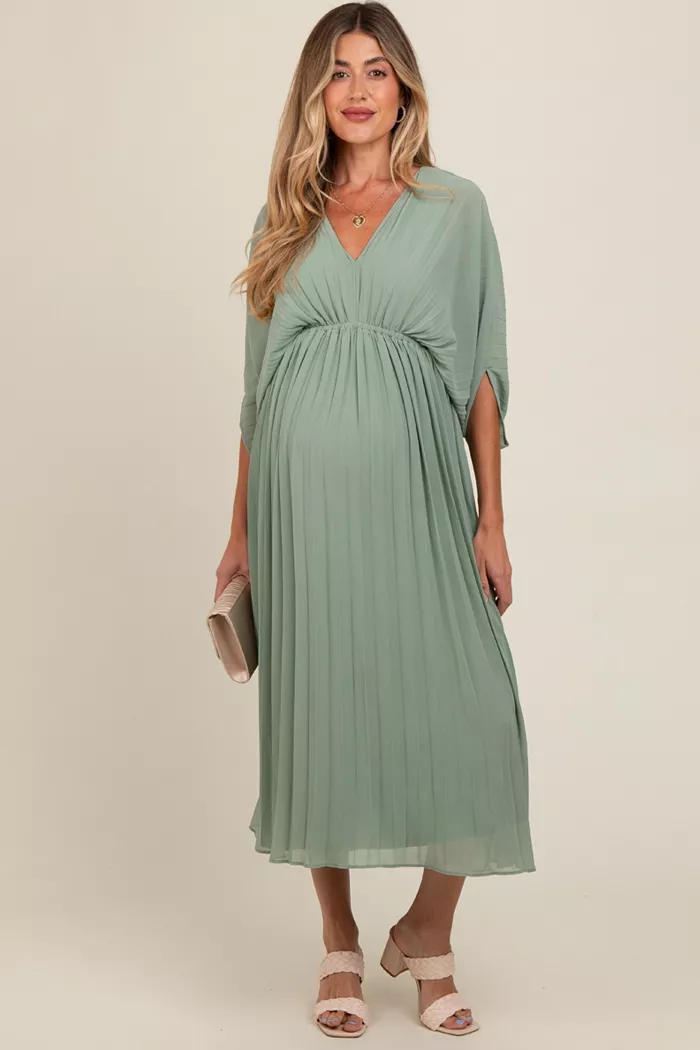 Alfani Pinkblush Maternity Light Olive Pleated V Neck Maxi Dress Women's Fashion Shoes & Accessories