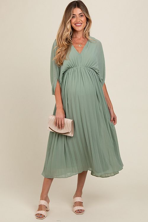 alfani Pinkblush Maternity Light Olive Pleated V Neck Maxi Dress Women's Fashion Shoes & Accessories