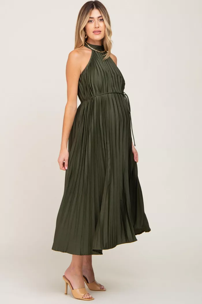 Alfani Pinkblush Maternity Olive Pleated Halter Dress Women's Fashion Shoes & Accessories