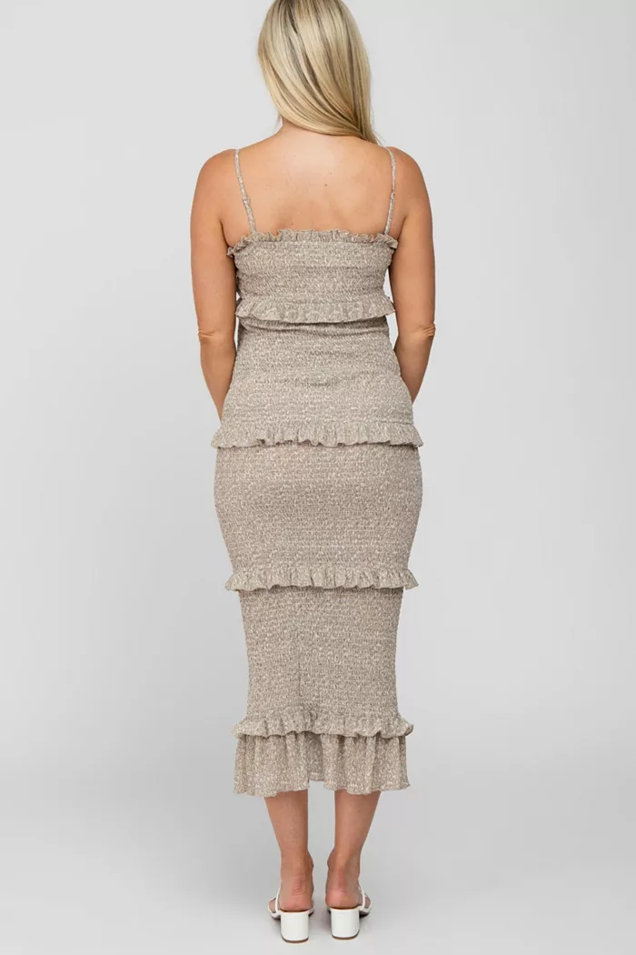 Alfani Pinkblush Maternity Taupe Leaf Print Smocked Fitted Midi Dress Women's Fashion Shoes & Accessories