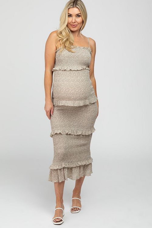 alfani Pinkblush Maternity Taupe Leaf Print Smocked Fitted Midi Dress Women's Fashion Shoes & Accessories