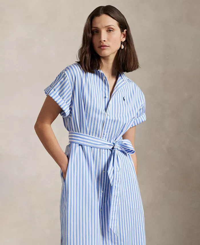 Alfani Polo Ralph Lauren Women's Belted Striped Cotton Shirtdress Women's Fashion Shoes & Accessories