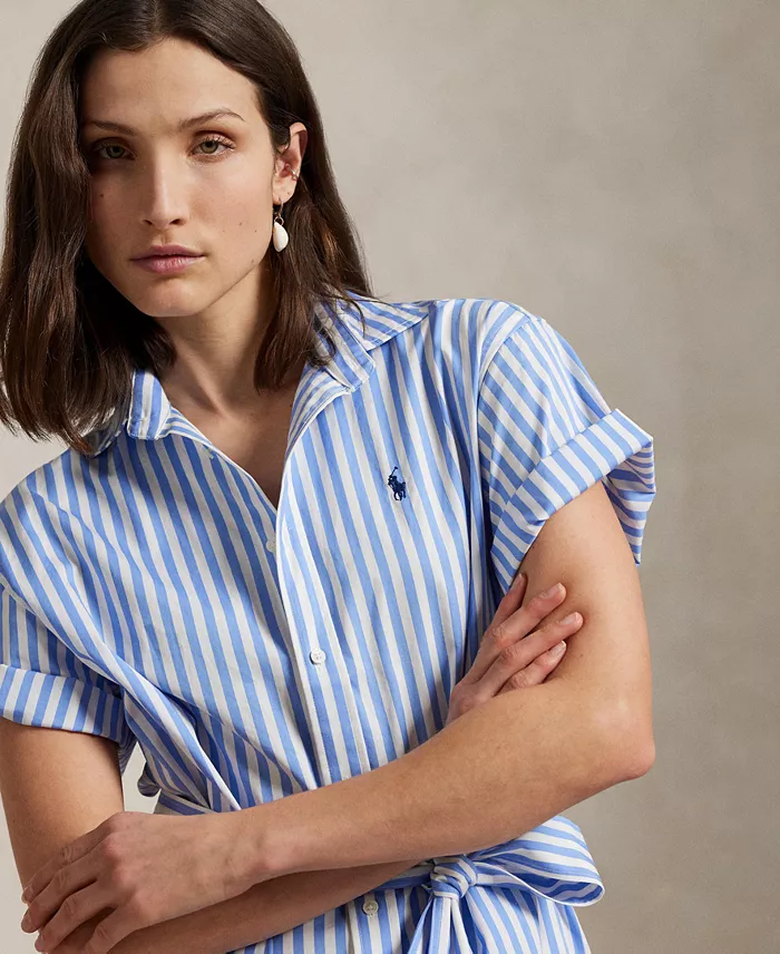 Alfani Polo Ralph Lauren Women's Belted Striped Cotton Shirtdress Women's Fashion Shoes & Accessories