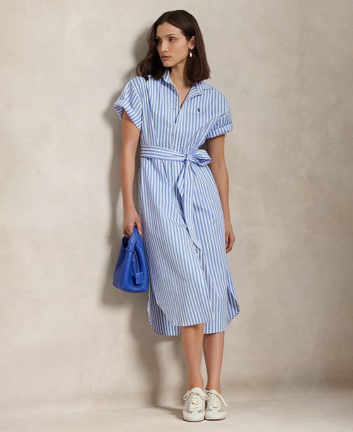alfani Polo Ralph Lauren Women's Belted Striped Cotton Shirtdress Women's Fashion Shoes & Accessories