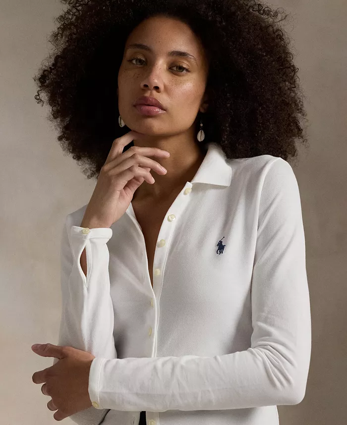 Alfani Polo Ralph Lauren Women's Buttoned-Placket Long-Sleeve Polo Shirt Women's Fashion Shoes & Accessories