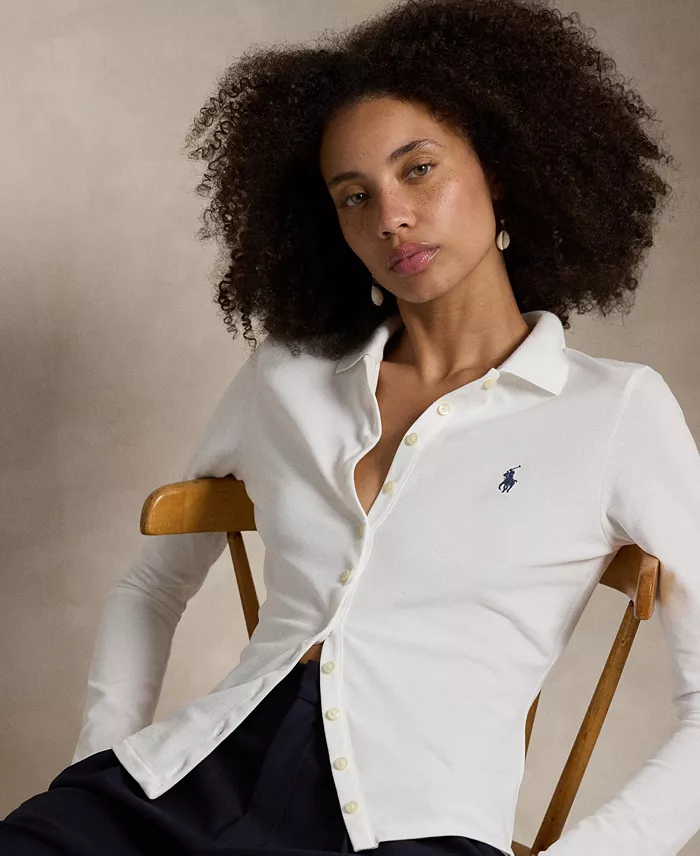 Alfani Polo Ralph Lauren Women's Buttoned-Placket Long-Sleeve Polo Shirt Women's Fashion Shoes & Accessories