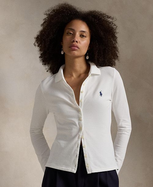 alfani Polo Ralph Lauren Women's Buttoned-Placket Long-Sleeve Polo Shirt Women's Fashion Shoes & Accessories