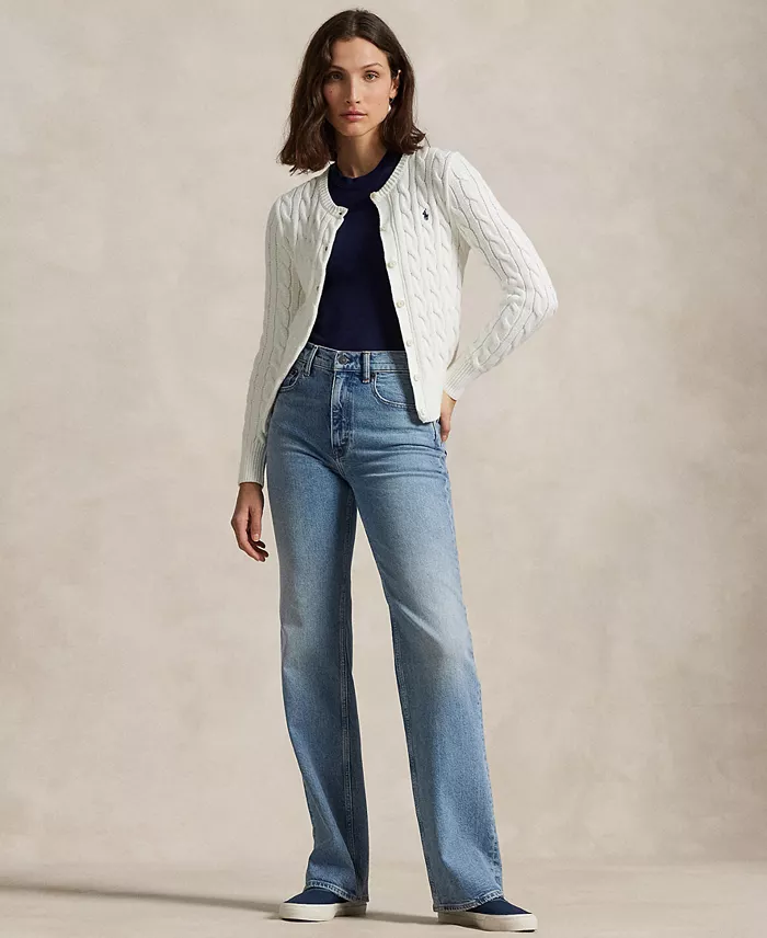 Alfani Polo Ralph Lauren Women's Cable-Knit Cotton Crewneck Cardigan Sweater Women's Fashion Shoes & Accessories