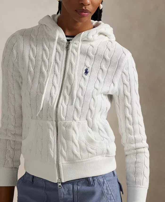 Alfani Polo Ralph Lauren Women's Cable-Knit Cotton Full-Zip Hoodie Sweater Women's Fashion Shoes & Accessories