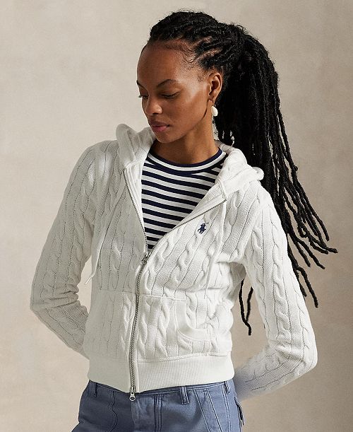 alfani Polo Ralph Lauren Women's Cable-Knit Cotton Full-Zip Hoodie Sweater Women's Fashion Shoes & Accessories