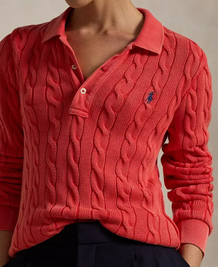 Alfani Polo Ralph Lauren Women's Cable-Knit Cotton Long-Sleeve Polo Shirt Sweater Women's Fashion Shoes & Accessories