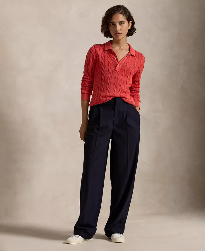 Alfani Polo Ralph Lauren Women's Cable-Knit Cotton Long-Sleeve Polo Shirt Sweater Women's Fashion Shoes & Accessories