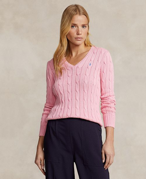 alfani Polo Ralph Lauren Women's Cable-Knit Cotton V-Neck Sweater Women's Fashion Shoes & Accessories