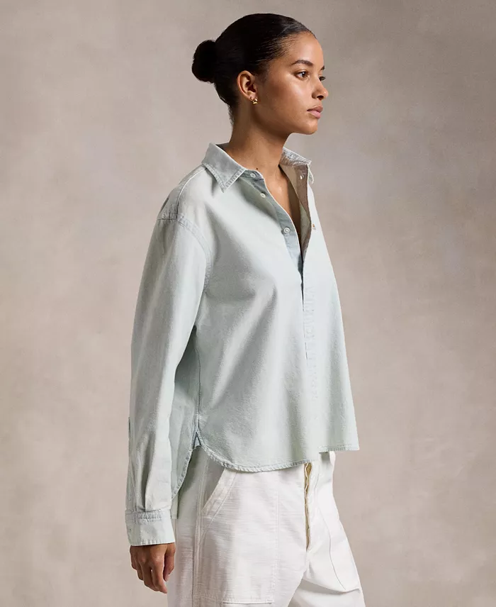Alfani Polo Ralph Lauren Women's Cropped Boxy Chambray Shirt Women's Fashion Shoes & Accessories