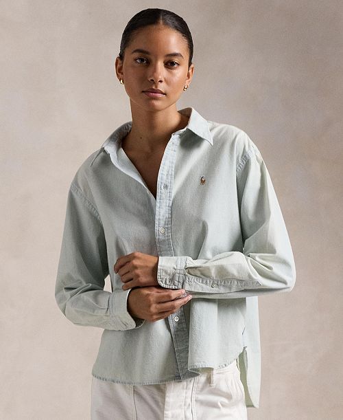 alfani Polo Ralph Lauren Women's Cropped Boxy Chambray Shirt Women's Fashion Shoes & Accessories