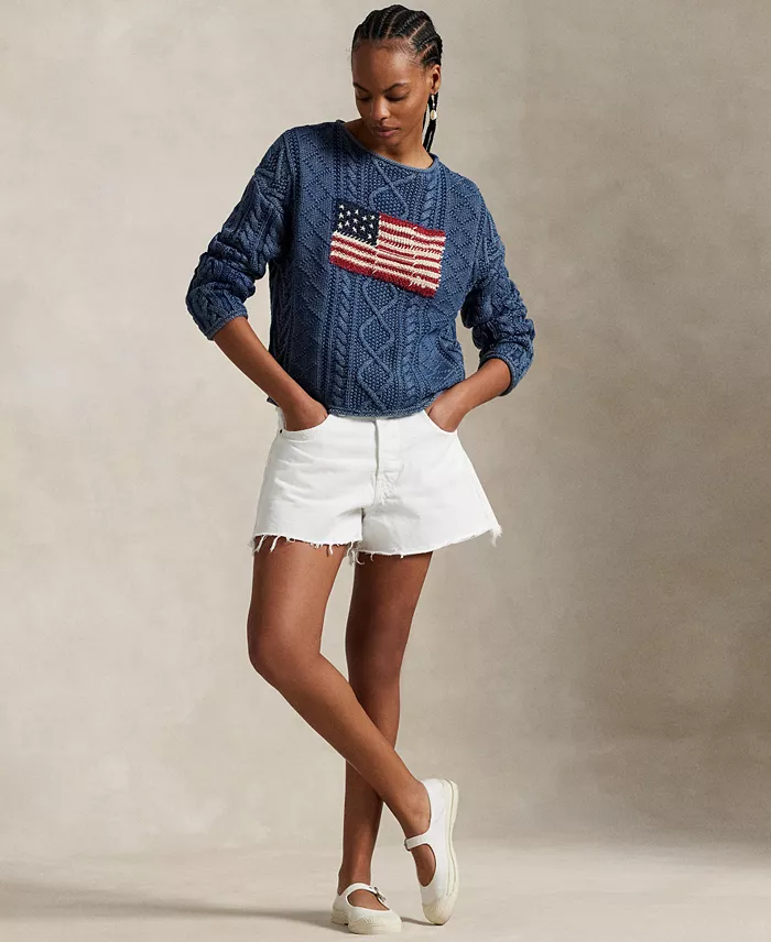 Alfani Polo Ralph Lauren Women's Flag Aran-Knit Cotton Sweater Women's Fashion Shoes & Accessories
