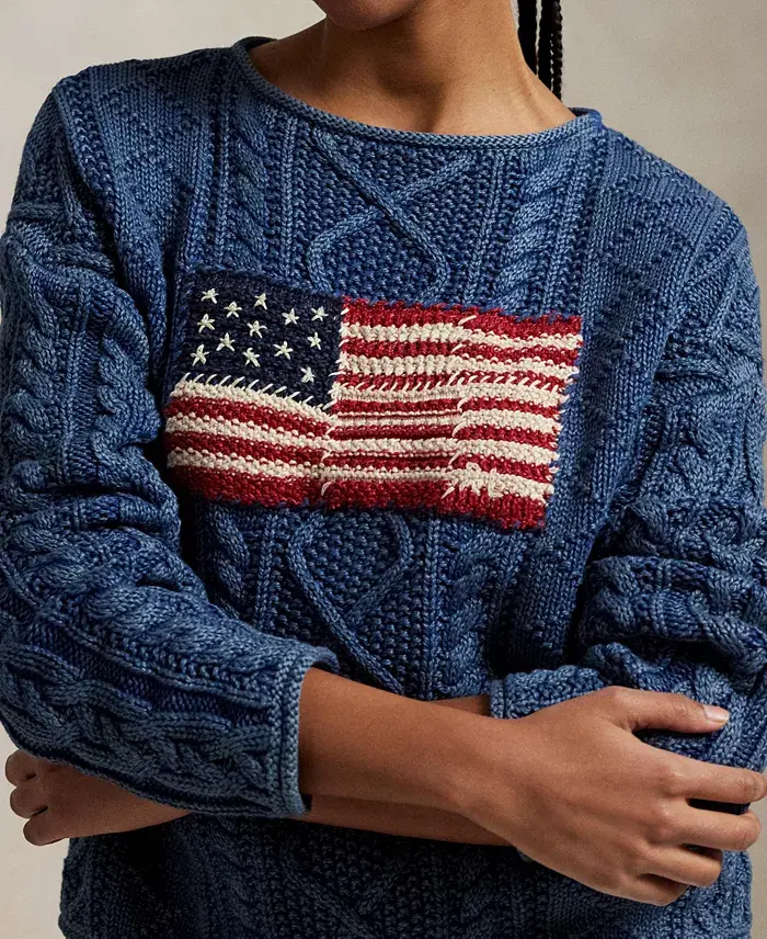 Alfani Polo Ralph Lauren Women's Flag Aran-Knit Cotton Sweater Women's Fashion Shoes & Accessories
