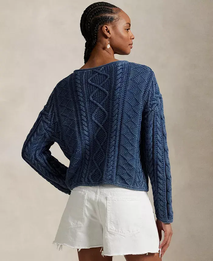 Alfani Polo Ralph Lauren Women's Flag Aran-Knit Cotton Sweater Women's Fashion Shoes & Accessories