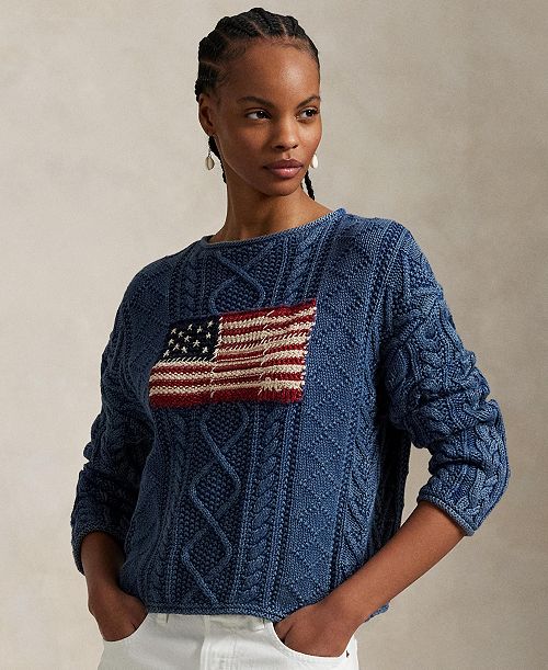 alfani Polo Ralph Lauren Women's Flag Aran-Knit Cotton Sweater Women's Fashion Shoes & Accessories