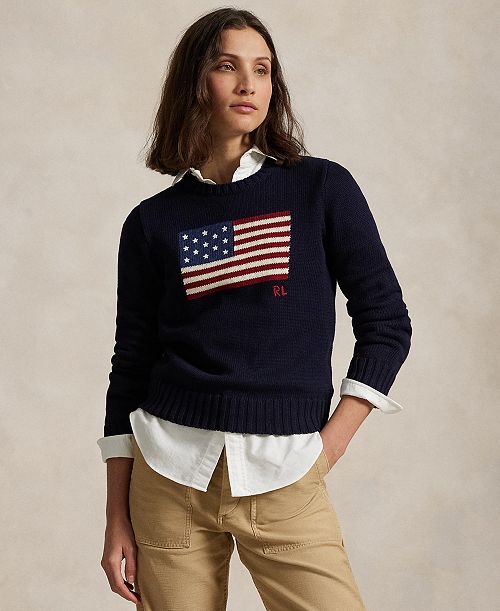 alfani Polo Ralph Lauren Women's Flag Cotton Crewneck Sweater Women's Fashion Shoes & Accessories