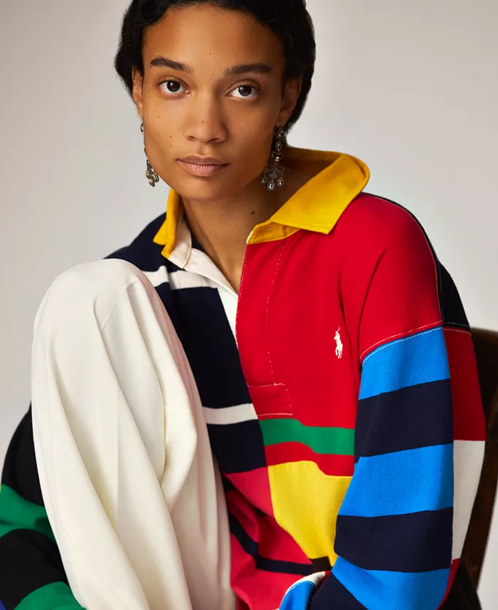 Alfani Polo Ralph Lauren Women's Patchwork-Stripe Jersey Rugby Shirt Women's Fashion Shoes & Accessories