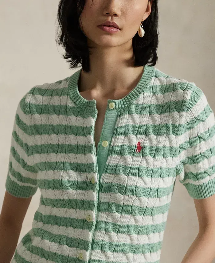 Alfani Polo Ralph Lauren Women's Striped Cable-Knit Short-Sleeve Cardigan Sweater Women's Fashion Shoes & Accessories
