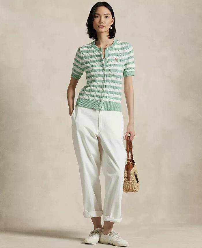 Alfani Polo Ralph Lauren Women's Striped Cable-Knit Short-Sleeve Cardigan Sweater Women's Fashion Shoes & Accessories