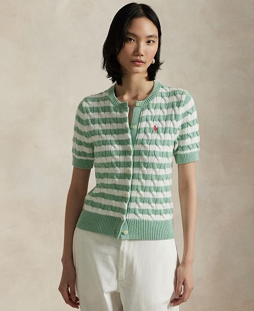 alfani Polo Ralph Lauren Women's Striped Cable-Knit Short-Sleeve Cardigan Sweater Women's Fashion Shoes & Accessories