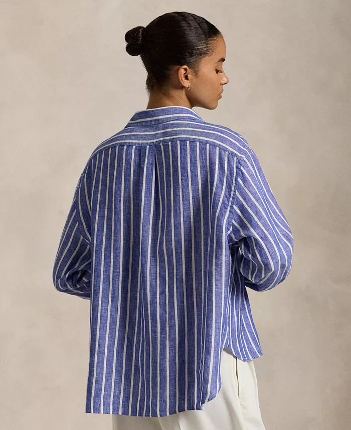 Alfani Polo Ralph Lauren Women's Wide Cropped Striped 100% Linen Shirt Women's Fashion Shoes & Accessories