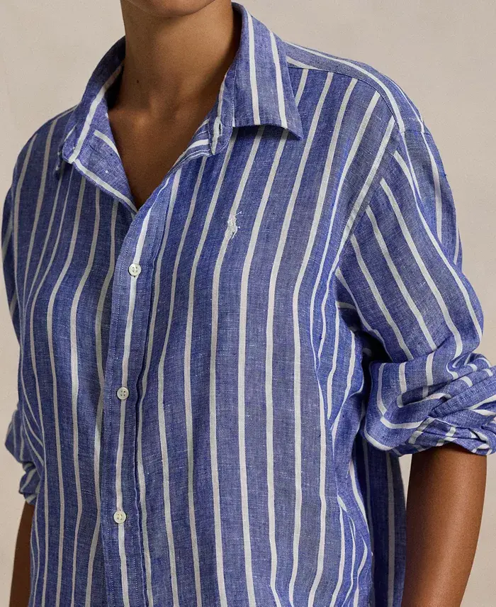 Alfani Polo Ralph Lauren Women's Wide Cropped Striped 100% Linen Shirt Women's Fashion Shoes & Accessories