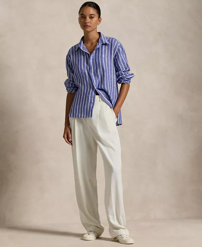 Alfani Polo Ralph Lauren Women's Wide Cropped Striped 100% Linen Shirt Women's Fashion Shoes & Accessories