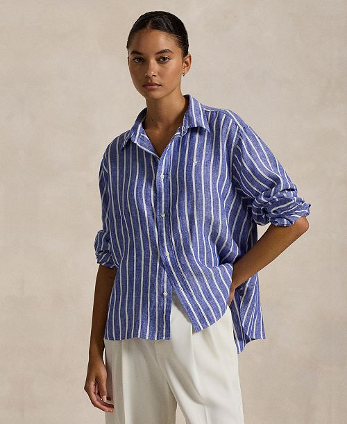 alfani Polo Ralph Lauren Women's Wide Cropped Striped 100% Linen Shirt Women's Fashion Shoes & Accessories