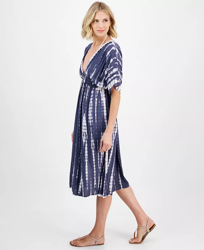 Alfani Raviya Women's Tie-Dyed Braid-Trim V-Neck Cover-Up Dress Women's Fashion Shoes & Accessories