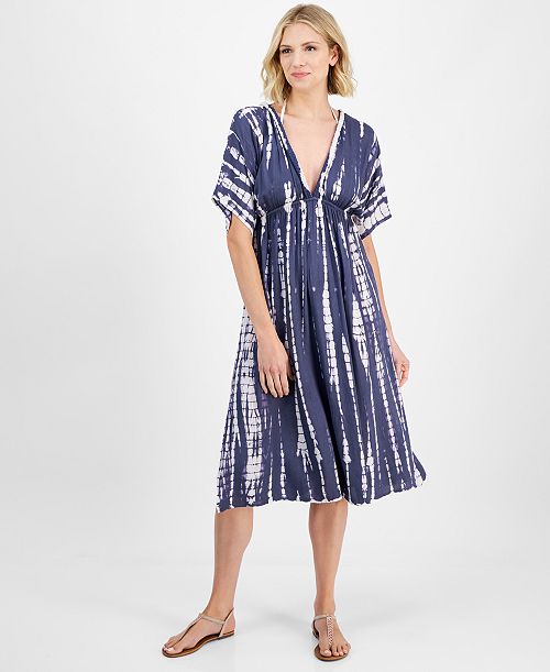 alfani Raviya Women's Tie-Dyed Braid-Trim V-Neck Cover-Up Dress Women's Fashion Shoes & Accessories