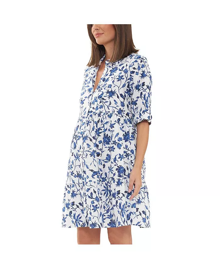Alfani Ripe Maternity Bella Button Through Linen Dress White/Lapis Women's Fashion Shoes & Accessories