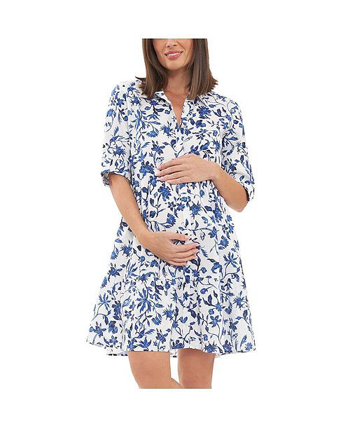 alfani Ripe Maternity Bella Button Through Linen Dress White/Lapis Women's Fashion Shoes & Accessories