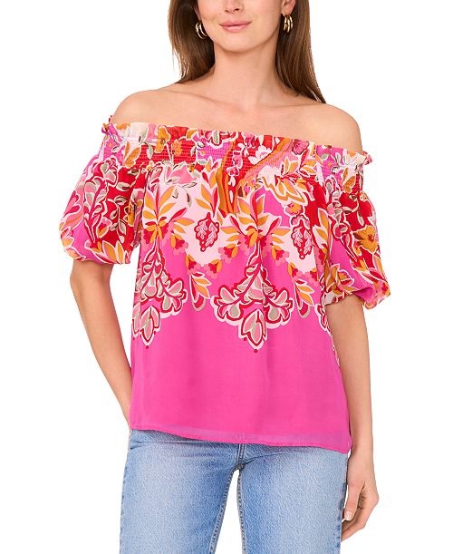 alfani Sam & Jess Women's Printed Smocked Off-The-Shoulder Top Women's Fashion Shoes & Accessories
