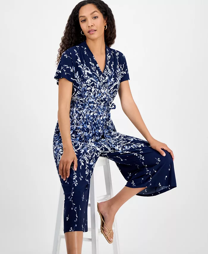 Alfani Sandra Darren Petite Printed Cropped Flutter-Sleeve Jumpsuit Women's Fashion Shoes & Accessories