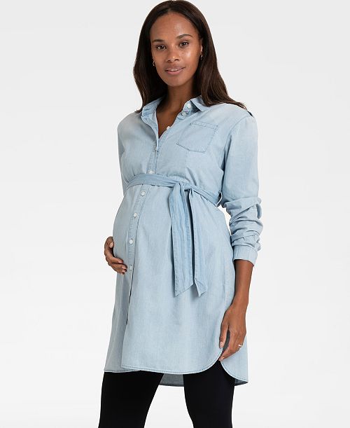 alfani Seraphine Women's Maternity Cotton Chambray Belted Tunic Women's Fashion Shoes & Accessories