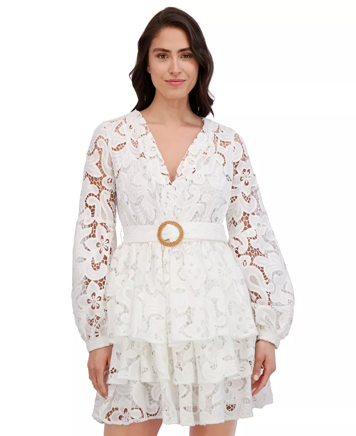 Alfani Siena Women's Blouson-Sleeve Tiered Lace A-Line Dress Women's Fashion Shoes & Accessories
