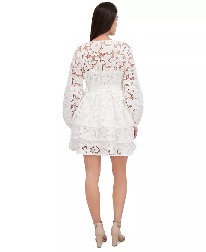 Alfani Siena Women's Blouson-Sleeve Tiered Lace A-Line Dress Women's Fashion Shoes & Accessories