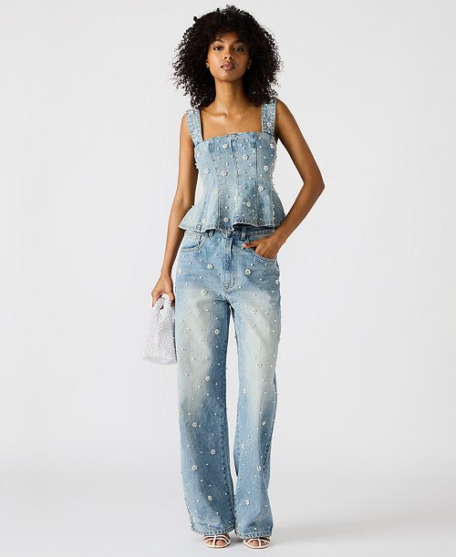 alfani Steve Madden Women's Embellished Denim Fiorella Peplum Top & Fianna Barrel-Leg Jeans Women's Fashion Shoes & Accessories